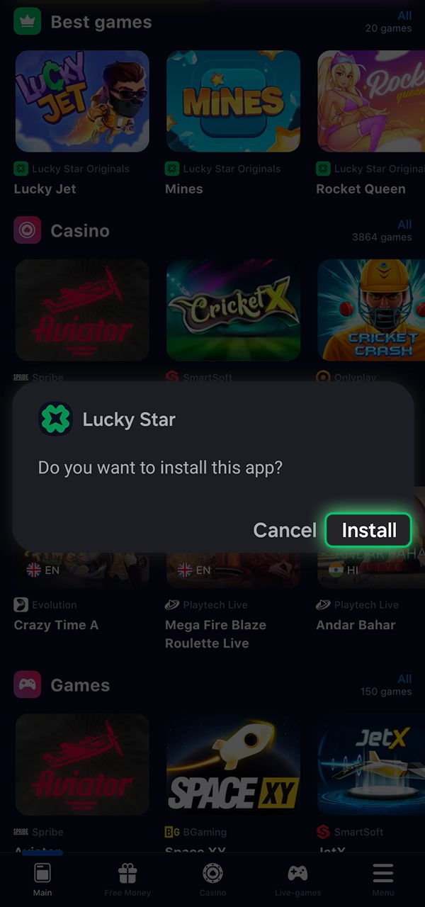 Complete the installation of Lucky Star and start playing.